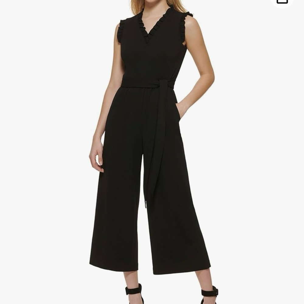 CALVIN KLEIN Black Jumpsuit Chic Sleek Ruffle Trimmed Nightlife Classy / Small